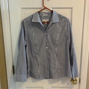 Chico's size 2 / large Navy and White Striped women's Button Down Shirt